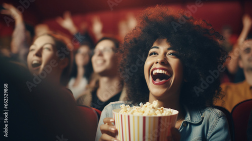 woman eating popcorn watching movie in cinema