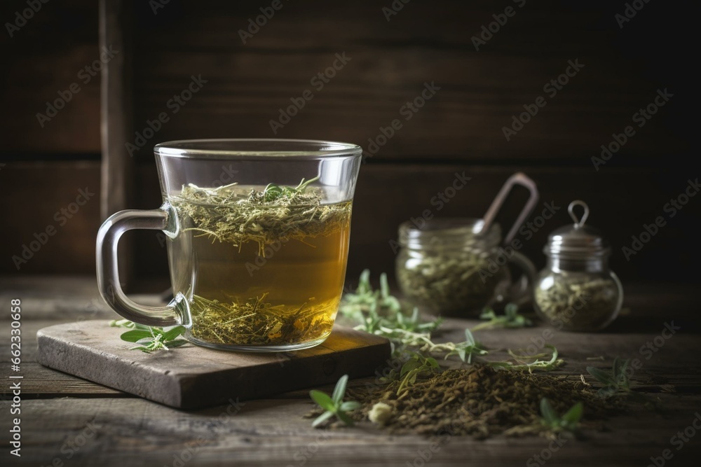 a mug of herbal tea on a rustic wooden surface. Generative AI a mug of herbal tea on a rustic wooden surface. Generative AI
