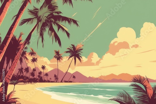 tropical beach vector illustration. tropical beach vector illustration. beautiful landscape with palm trees and sun
