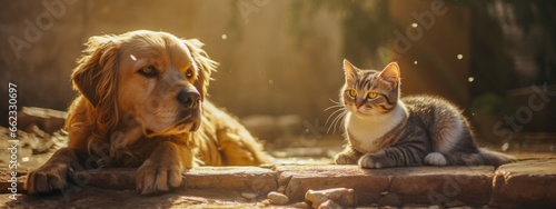 Funny dog and cat are sitting in the garden.