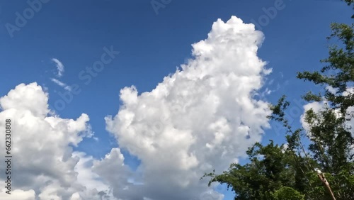Time-lapse of beautiful blue sky with cloudy movement. Puffy fluffy white clouds. Cumulus cloudscape time lapse.