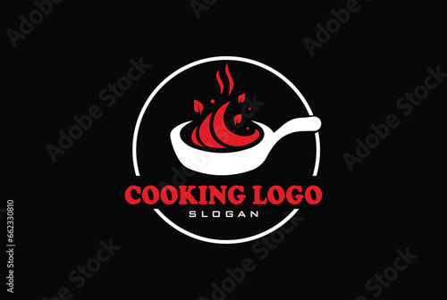 Food logo. Logo for Cooking school class with icon bbq tools, grill fork, spatula, text typography Coocking School, Cuisine Vector Illustration
