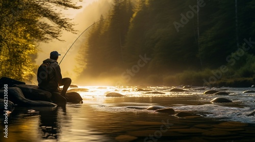 Angler man with fishing rod in backlight of the sunrise at the shore of wild mountain stream tries to catch a trout or pike, golden light sun rays shine upon nature on a river in the forest
