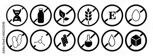 Icons Set of gluten free, lactose free, sugar free, GMO free.
