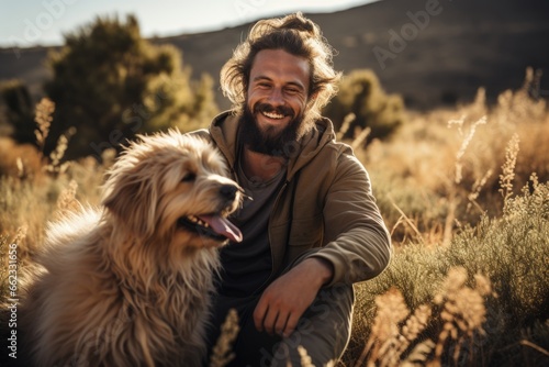 A man sitting in a field with a dog. © Friedbert
