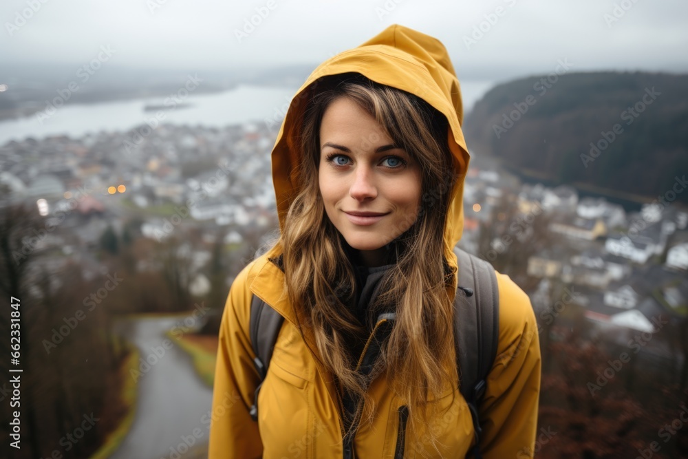 A woman wearing a yellow jacket and a yellow hoodie.