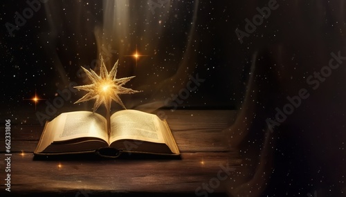 an open book with a shining star decorated on top. generative AI