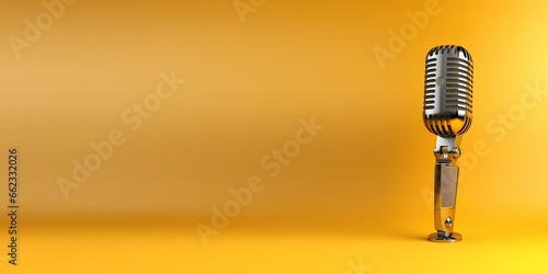 a gold microphone on a yellow background with an empty space next to it that can create your text. generative AI