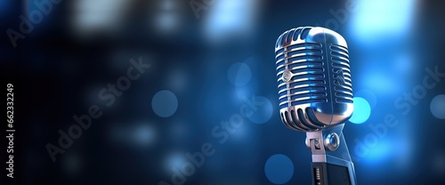 microphone with blurred background on blue wall, vintage microphone on stage with lamp lighting, in uhd image style, bokeh panorama. Generative AI
