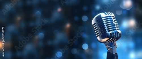 microphone with blurred background on blue wall, vintage microphone on stage with lamp lighting, in uhd image style, bokeh panorama. Generative AI