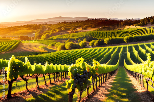 Endless rows of grapevines on rolling vineyard hills, with a warm and inviting sun-kissed ambiance. Generative AI