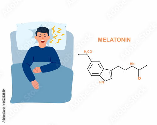 Men sleeping in bed having melatonin hormone produced enjoying peaceful nap or dream Healthy sleeping.