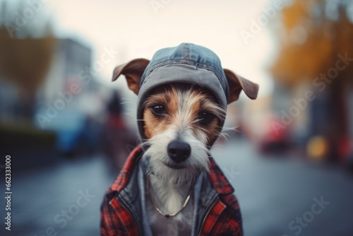 Hipster dog walking around the city on the street.