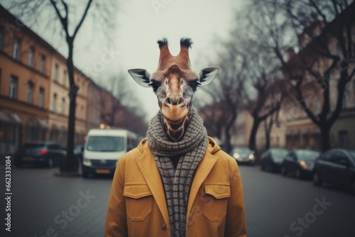 Hipster giraffe walking around the city on the street.