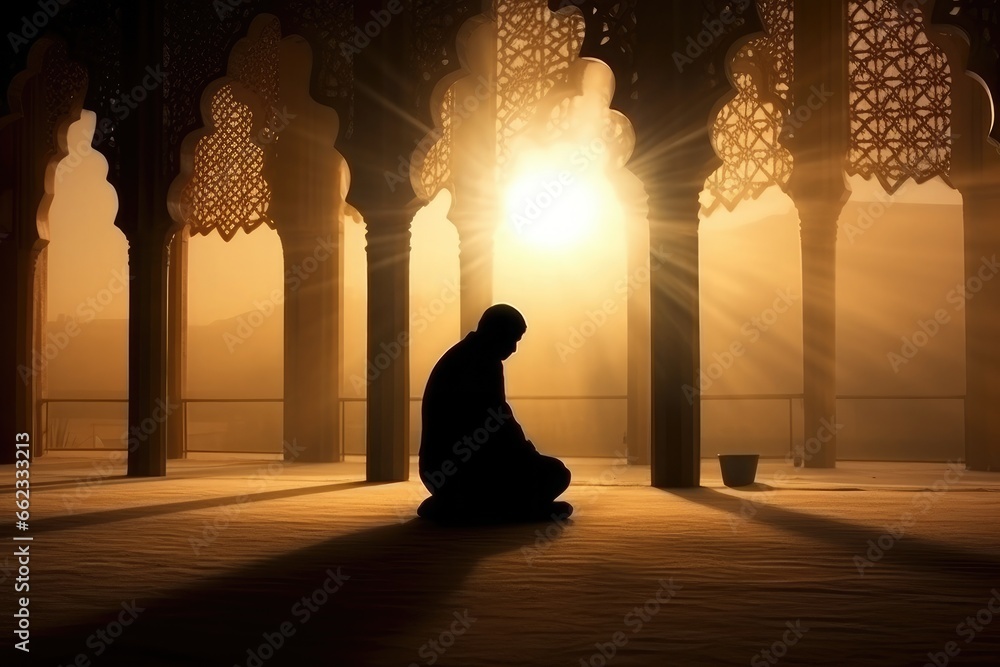 Prayer, islam and worship with man in mosque, holy quran and spirituality. Praying, person in Muslim traditions praying for faith, care and Ramadan kareem - obrazy, fototapety, plakaty 