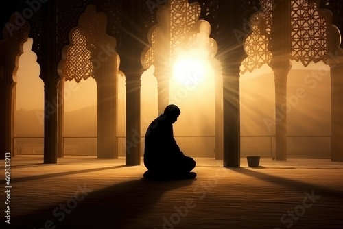 Prayer, islam and worship with man in mosque, holy quran and spirituality. Praying, person in Muslim traditions praying for faith, care and Ramadan kareem photo