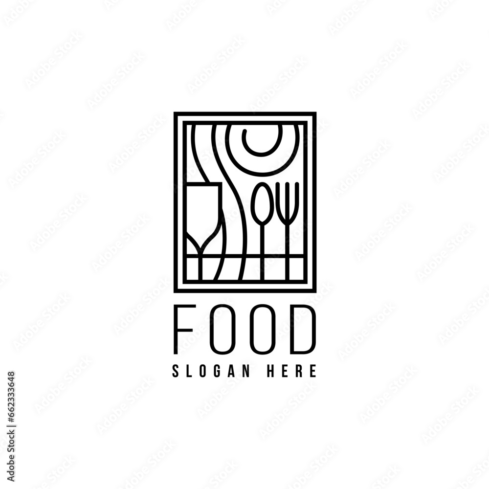 Logo Restaurant Food design with spoon, fork and wine glass in line art design style Logo Restaurant Food design with spoon, fork and wine glass in line art design style
