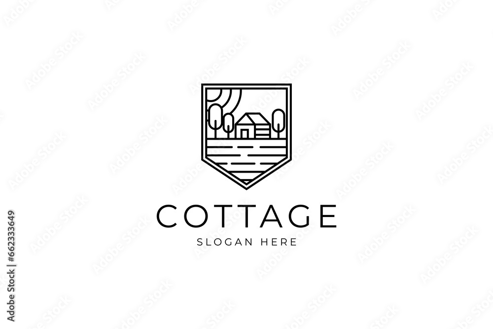 cottage shield badge emblem line art logo vector illustration design - obrazy, fototapety, plakaty 