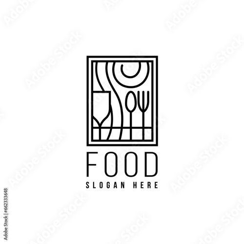 Logo Restaurant Food design with spoon, fork and wine glass in line art design style