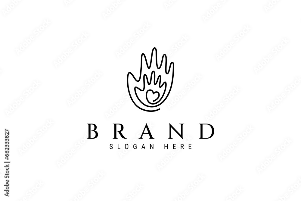 Vector logo template abstract image of father's palm and child's palm love care with continuous line style