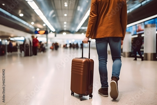 unrecognizable traveler with brown jacket and brown suitcase on wheels walking at airport hall. Neural network generated image. Not based on any actual scene or pattern.