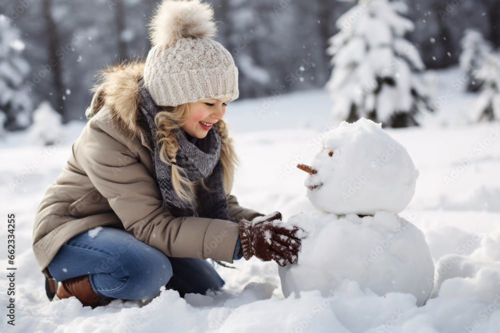 A woman is building a snowman in the snow. A woman is building a snowman in the snow.