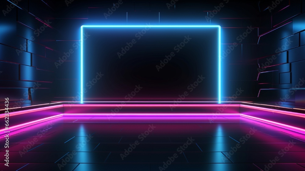 Dark background stage copy space colorful neon lights bright reflections 3d rendering illustration