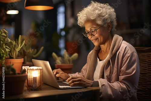 Elderly women use social media and use WiFi for distance learning.. Happy senior woman in retirement uses laptop computer to surf online photo