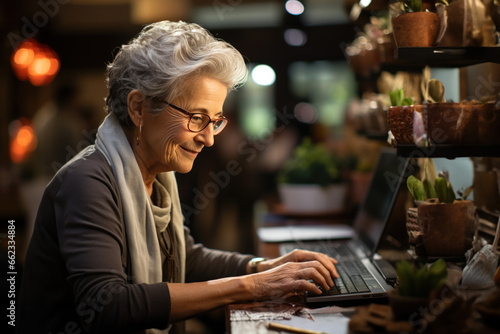 Elderly women use social media and use WiFi for distance learning. Happy senior woman in retirement uses laptop computer to surf online