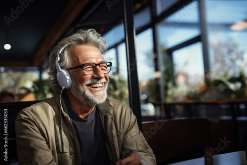 Elderly man wearing headphones is using social media and using WiFi for distance learning. Happy senior man in retirement uses laptop computer to surf online