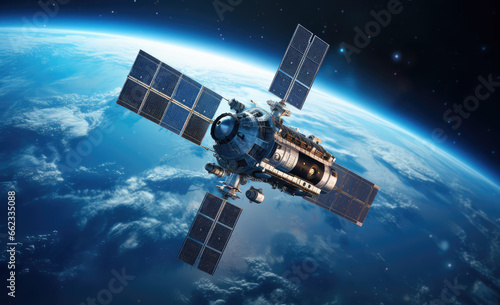 space satellite in outer space above earth in blue background
