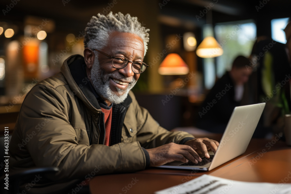 Elderly men use social media and use WiFi for distance learning. Happy senior man in retirement uses laptop computer to surf online Elderly men use social media and use WiFi for distance learning. Happy senior man in retirement uses laptop computer to surf online