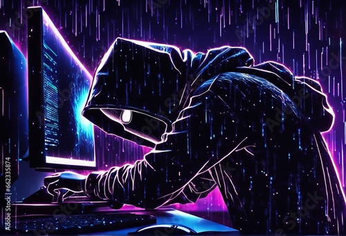 hacker in a hood and a laptop with a hood.hacker in a hood and a laptop with a hood.hacker in black hood with computer and laptop. cyber crime. cyber attack. hacking and hacking. cyber attack. hacker