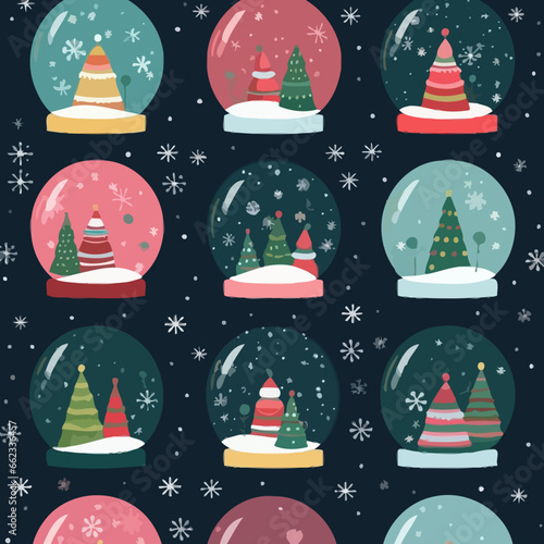 Christmas snow globe quirky doodle pattern, background, cartoon, vector, whimsical Illustration