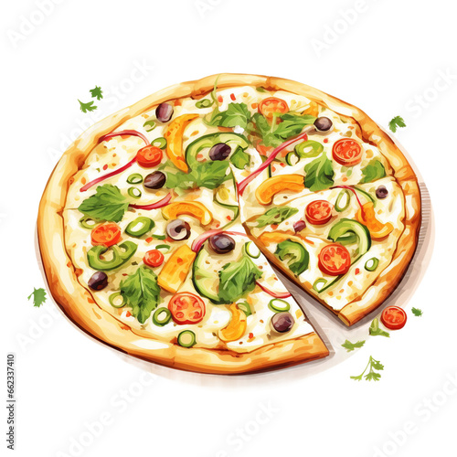 Tasty Veggie Pizza Painting on Transparent Background