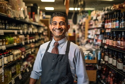 Smiling Liquor store attendant posing looking at the camera photo