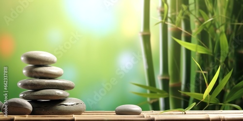 pile of therapy stones on a wooden base with a green bokeh background. generative AI