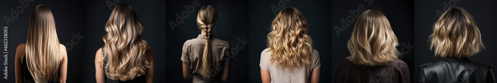 Obraz na płótnie Various haircuts for woman with ombre dark to blonde hair - long straight, wavy, braided ponytail, small perm and short hairs. View from behind on black background. Generative AI w salonie
