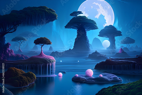 Producing a surreal, dreamy landscape where surreal floating islands, bioluminescent flora, and shimmering waterfalls converge under the enchanting glow of an otherworldly moon. Generative AI