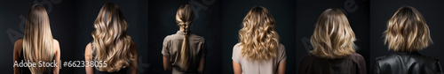 Various haircuts for woman with ombre dark to blonde hair - long straight, wavy, braided ponytail, small perm and short hairs. View from behind on black background. Generative AI
