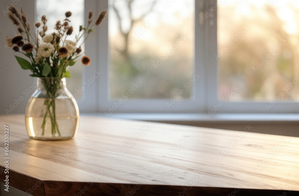 Vase filled with dried flowers and an empty wooden table on a windowsill background. Copy space for text, advertising, message, logo Vase filled with dried flowers and an empty wooden table on a windowsill background. Copy space for text, advertising, message, logo