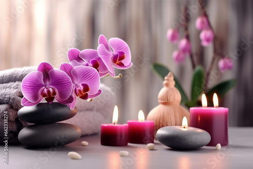 Bright Spa vibe  beauty treatment and wellness background with massage stone  orchid flowers  towels and burning candles 