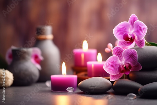 Bright Spa vibe  beauty treatment and wellness background with massage stone  orchid flowers  towels and burning candles 