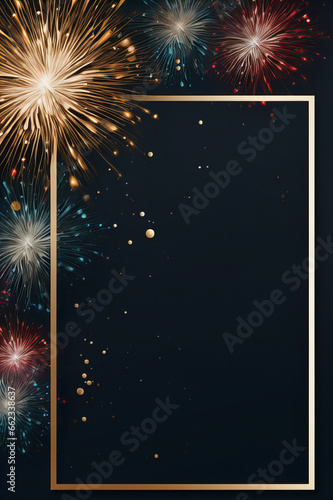 golden frame, bright colorful fireworks on a blue background as an invitation card, sylvester