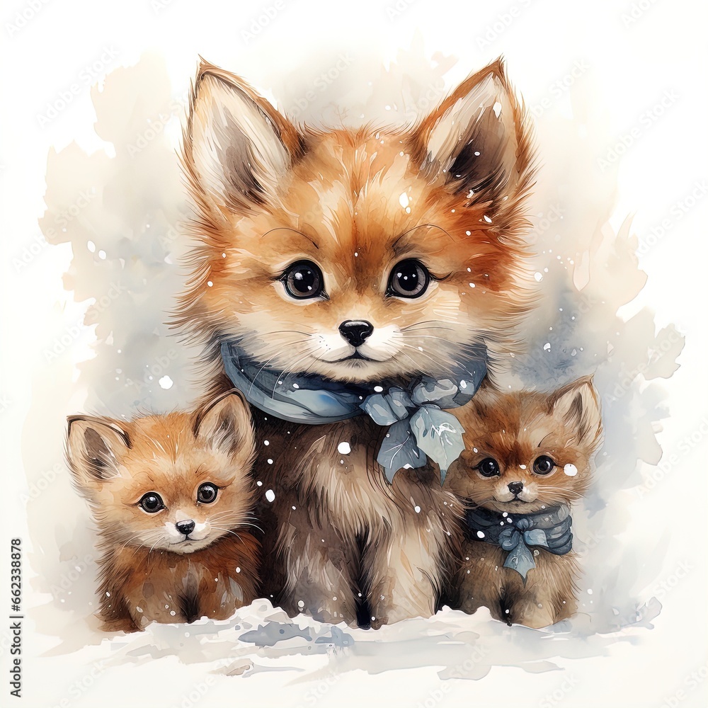 Obraz premium watercolor illustration of a cute little fox cub winter theme, snowflakes around, white background