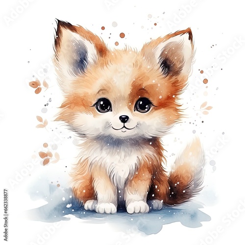 watercolor illustration of a cute little fox cub winter theme, snowflakes around, white background © Irina