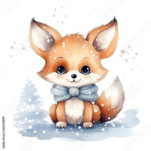 watercolor illustration of a cute little fox cub winter theme, snowflakes around, white background