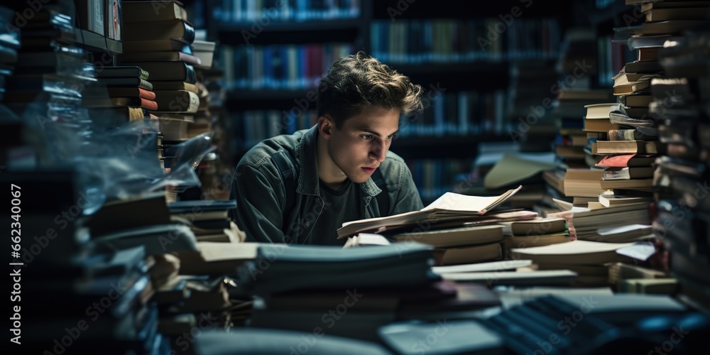 Candid shot of a student pulling an all-nighter in a dimly lit library, surrounded by stacks of books , concept of Fatigue Candid shot of a student pulling an all-nighter in a dimly lit library, surrounded by stacks of books , concept of Fatigue