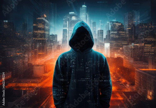 An anonymous hacker wearing a hoodie is depicted in a double exposure photo taken at night in the data city. Copy space for text ,advertising, message, logo