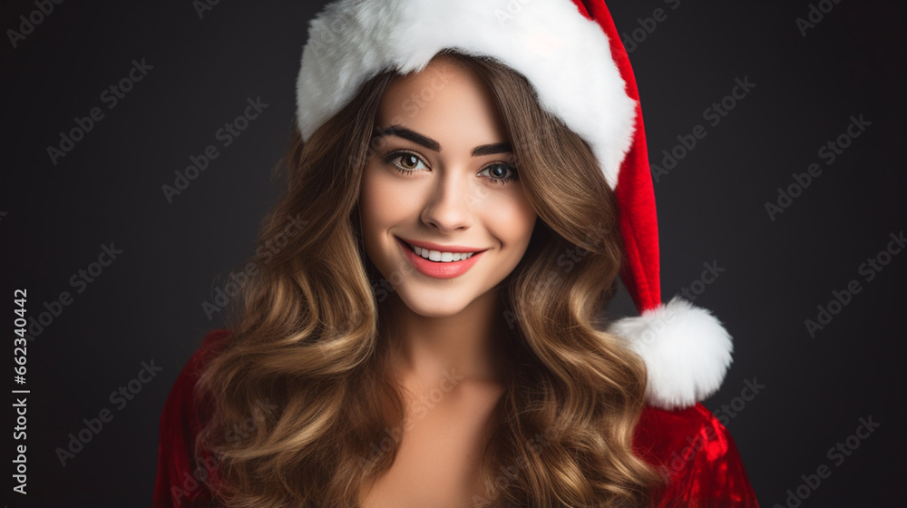 A young woman dresses in a Christmas costume for the Christmas festival. A young woman dresses in a Christmas costume for the Christmas festival.